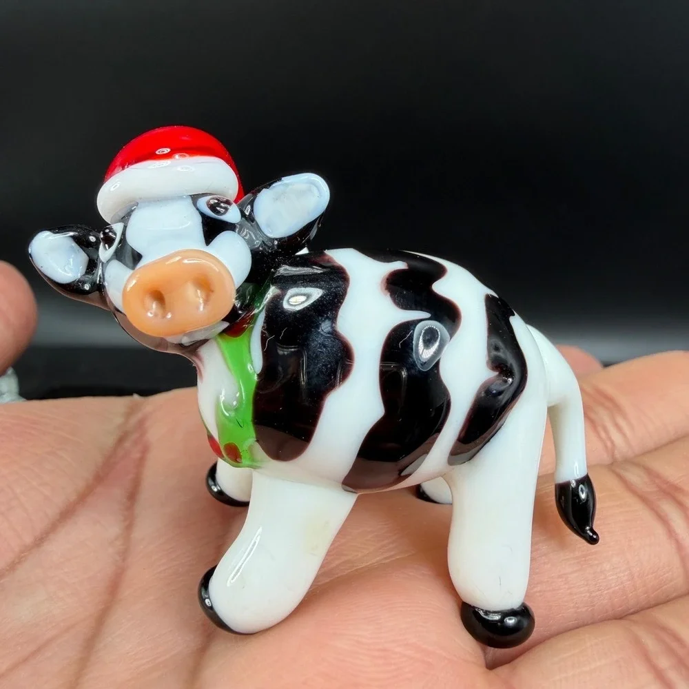 Pier 1 Glass Cow Figurine Santa Hat Christmas Holiday‎ Miniature 3 inch Figure